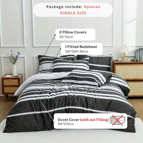 Single Size 4 pieces Duvet cover set, Black Stripe Design.