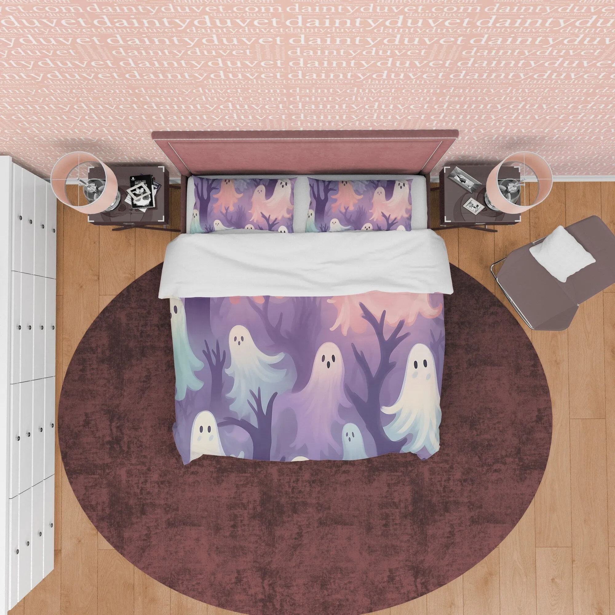 Spooky Ghosts in Magical Woods, Purple Duvet Cover Set, Aesthetic Bedding, Halloween Room Decor, US, UK, European, Australian Bed Size