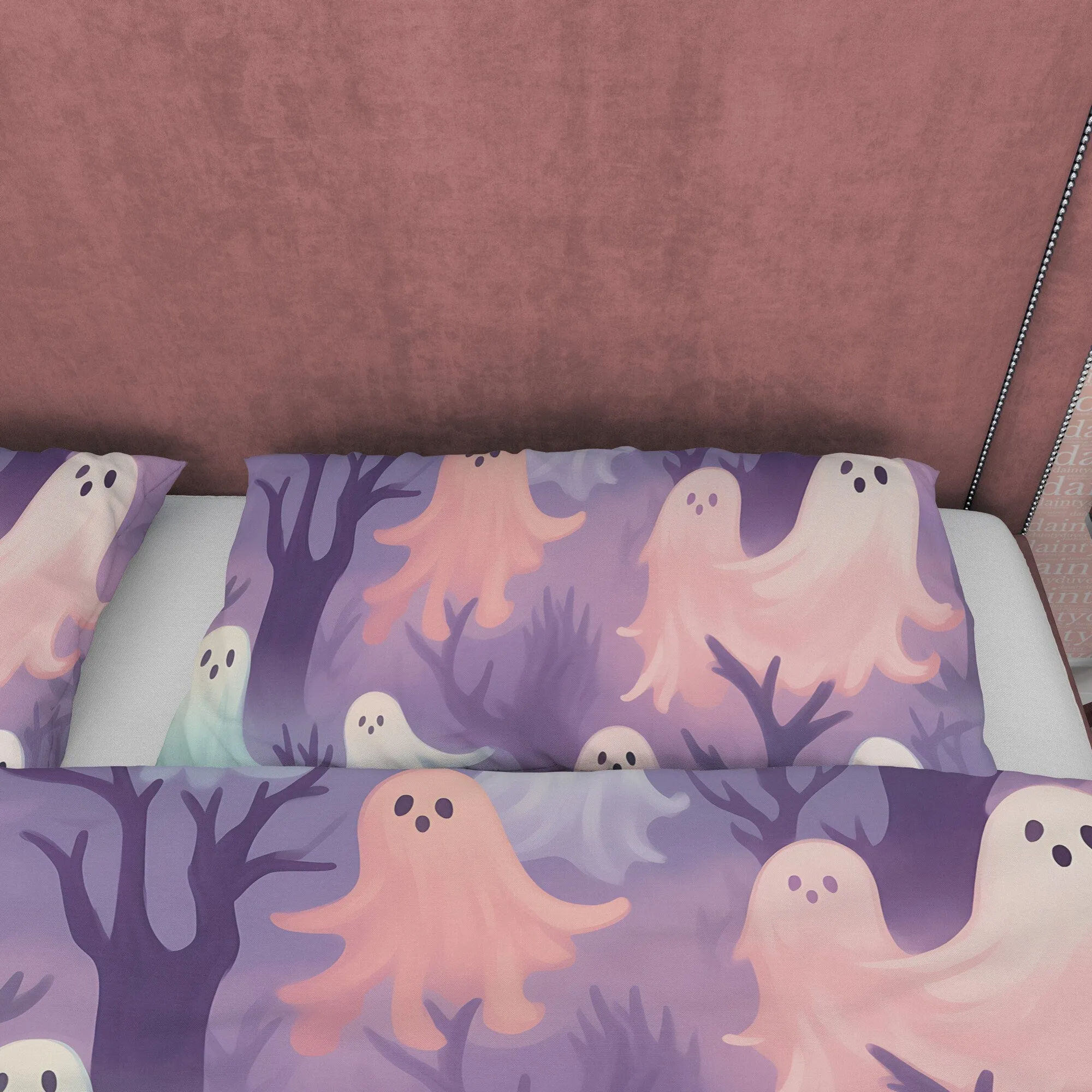 Spooky Ghosts in Magical Woods, Purple Duvet Cover Set, Aesthetic Bedding, Halloween Room Decor, US, UK, European, Australian Bed Size