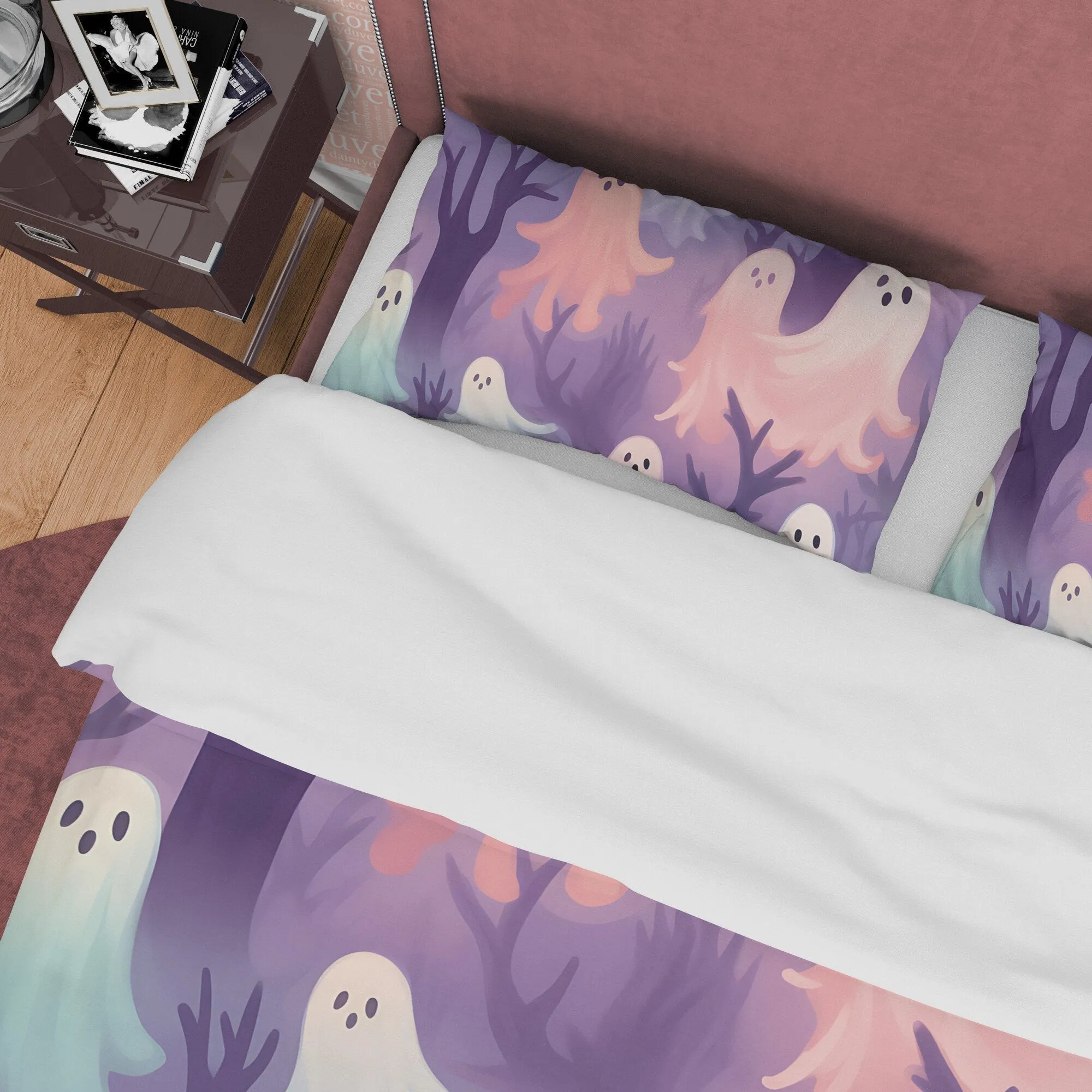 Spooky Ghosts in Magical Woods, Purple Duvet Cover Set, Aesthetic Bedding, Halloween Room Decor, US, UK, European, Australian Bed Size