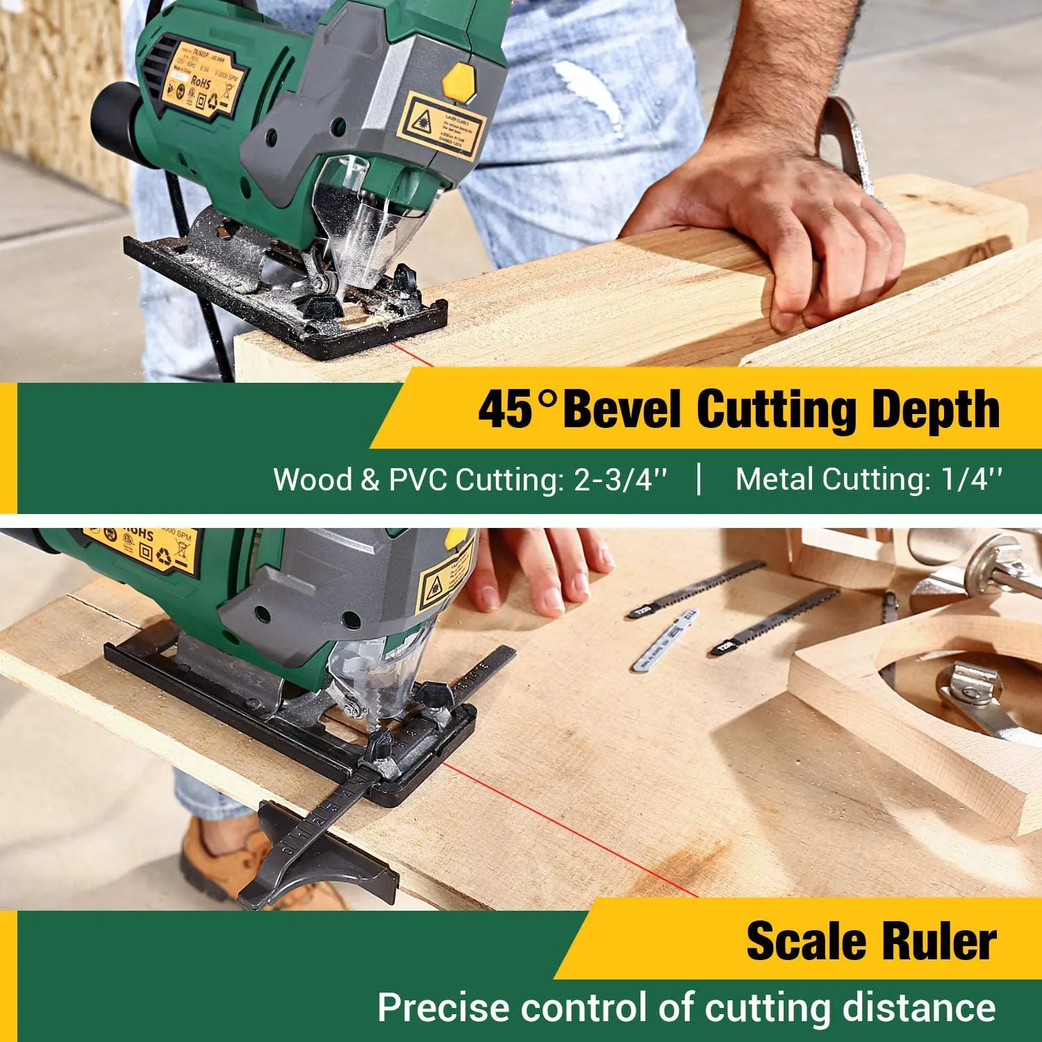 TECCPO 6.5 Amp 3000SPM Corded Jig Saw with Laser Guide, Variable Speed Dial (1-6),6pcs Blades - TAJS01P