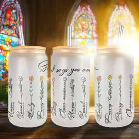 Teesdily | God Says You Are Tumbler Glass Can, Flower Motivational Christian Cup, Mug Bible Verse Religious Gift, Frosted/ Clear Glass Can With Straw