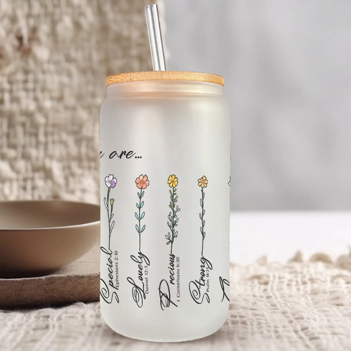 Teesdily | God Says You Are Tumbler Glass Can, Flower Motivational Christian Cup, Mug Bible Verse Religious Gift, Frosted/ Clear Glass Can With Straw