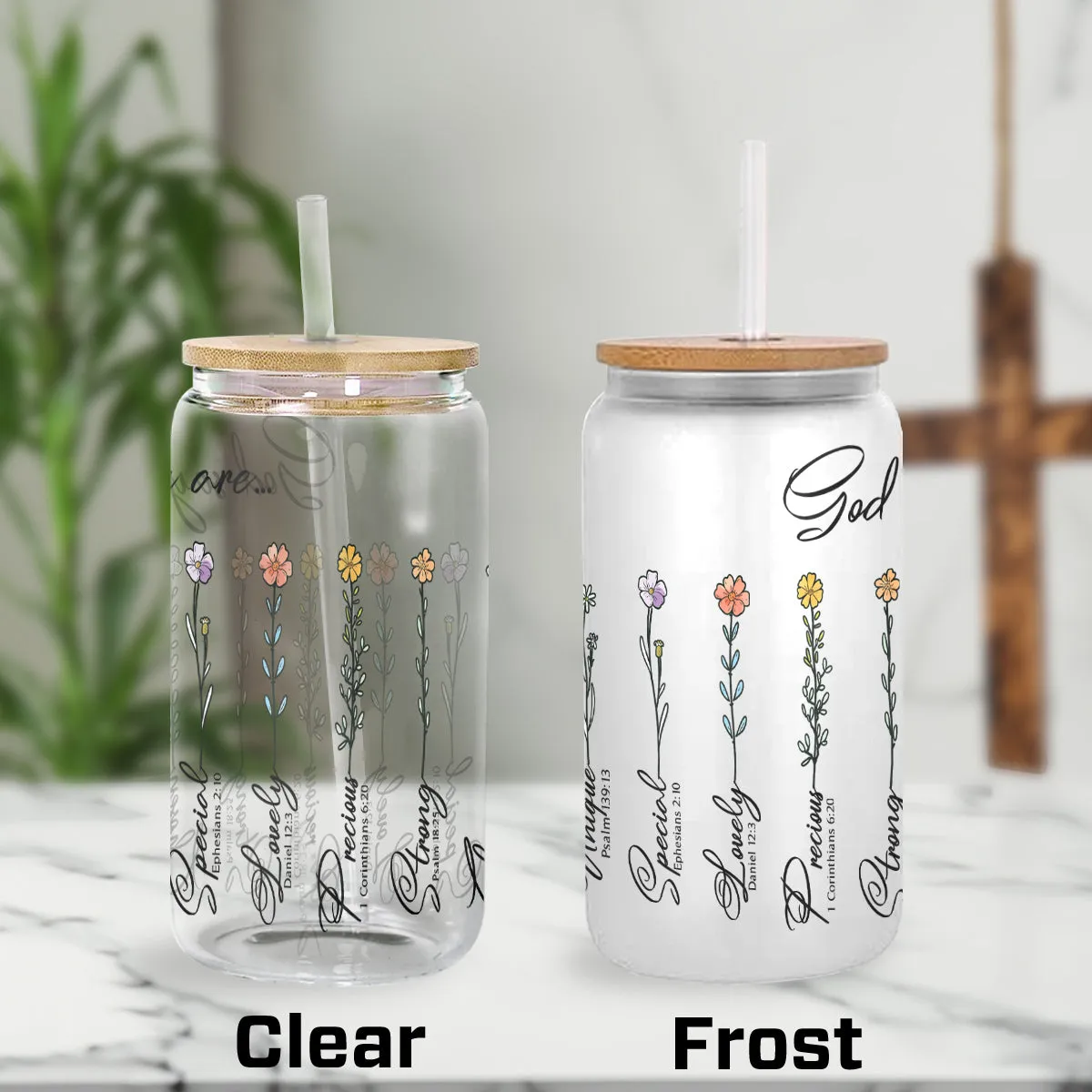 Teesdily | God Says You Are Tumbler Glass Can, Flower Motivational Christian Cup, Mug Bible Verse Religious Gift, Frosted/ Clear Glass Can With Straw