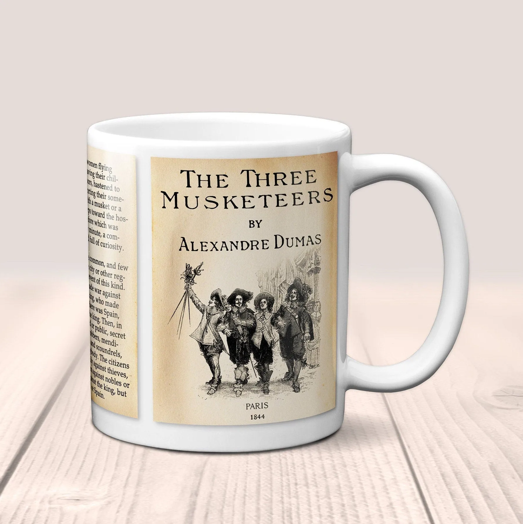 The Three Musketeers by Alexandre Dumas Mug. Coffee Mug with Three Musketeers book Title and Book Pages,Bookish Gift,Literary Mug