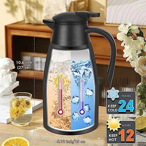 Thermal Coffee Carafe Stainless Steel Double Walled Vacuum Coffee Thermos Water Beverage Dispenser 12 Hour Heat Retention/24 Hour Cold Retention (Black, 1.6L)