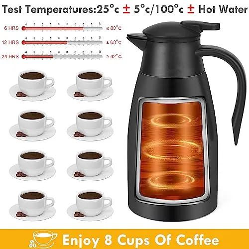 Thermal Coffee Carafe Stainless Steel Double Walled Vacuum Coffee Thermos Water Beverage Dispenser 12 Hour Heat Retention/24 Hour Cold Retention (Black, 1.6L)