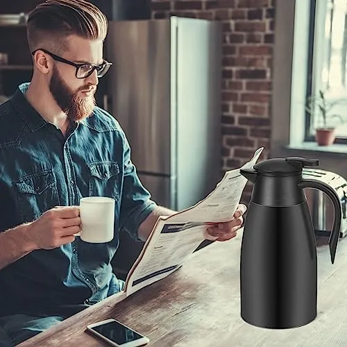 Thermal Coffee Carafe Stainless Steel Double Walled Vacuum Coffee Thermos Water Beverage Dispenser 12 Hour Heat Retention/24 Hour Cold Retention (Black, 1.6L)