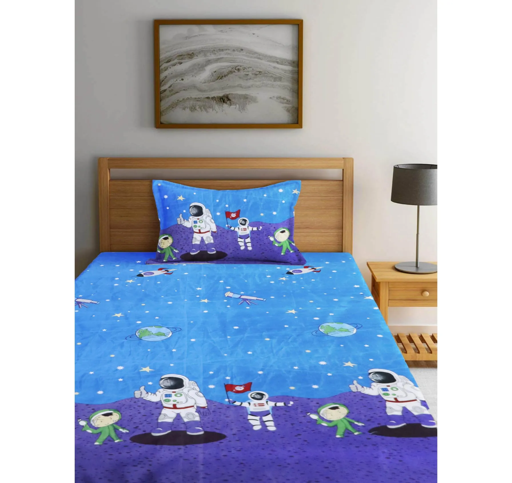 Tript Elastic Fitted Glace Cotton Single Bed (72x48 inches Upto 6 Inches) bedsheet with 1 Pillow Cover - 200TC ( 4Feet by 6 Feet)Astronaut