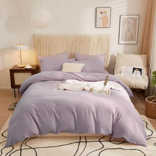 Washable Cotton 6 Piece King Size Duvet Cover Plain Design, Plain Lavender Color.