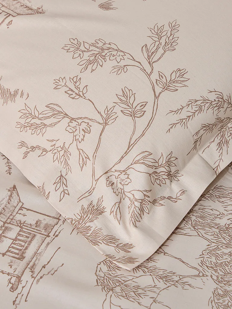 Westside Home Beige Toile Printed Double Bed Flat Sheet and Pillowcase Set