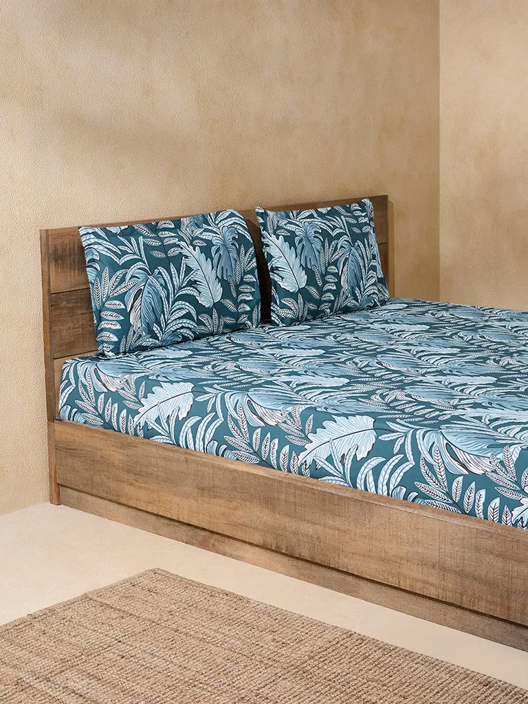 Westside Home Teal Leaf Design King Bed Flat Sheet and Pillowcase Set