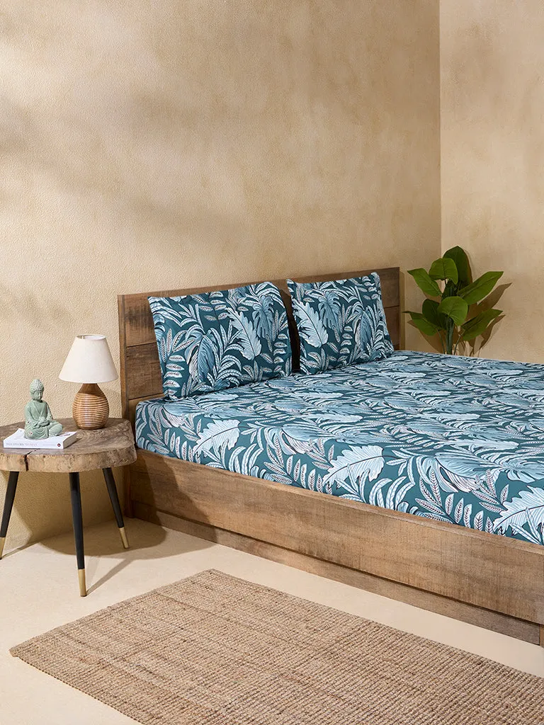 Westside Home Teal Leaf Design King Bed Flat Sheet and Pillowcase Set