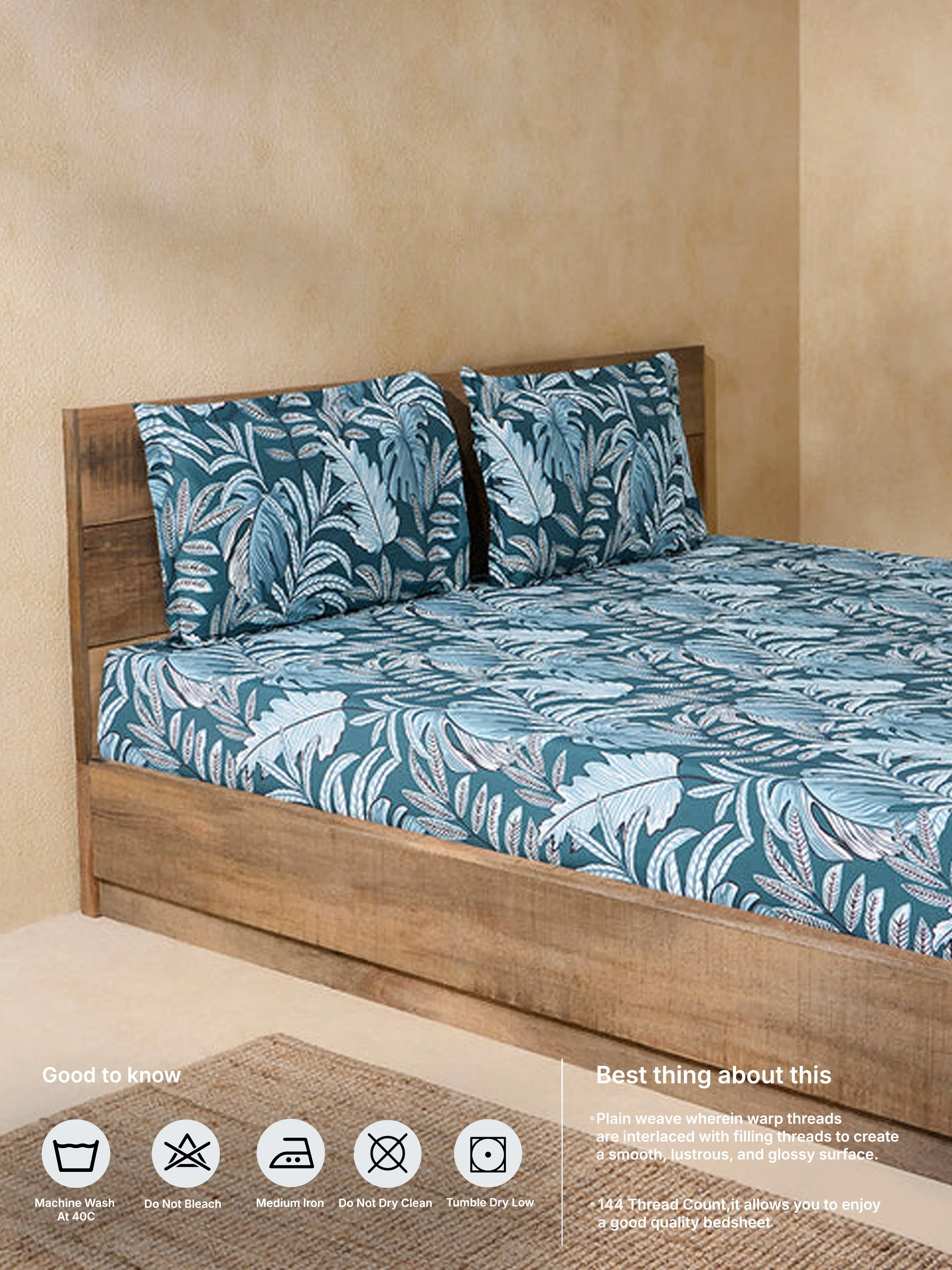 Westside Home Teal Leaf Design King Bed Flat Sheet and Pillowcase Set