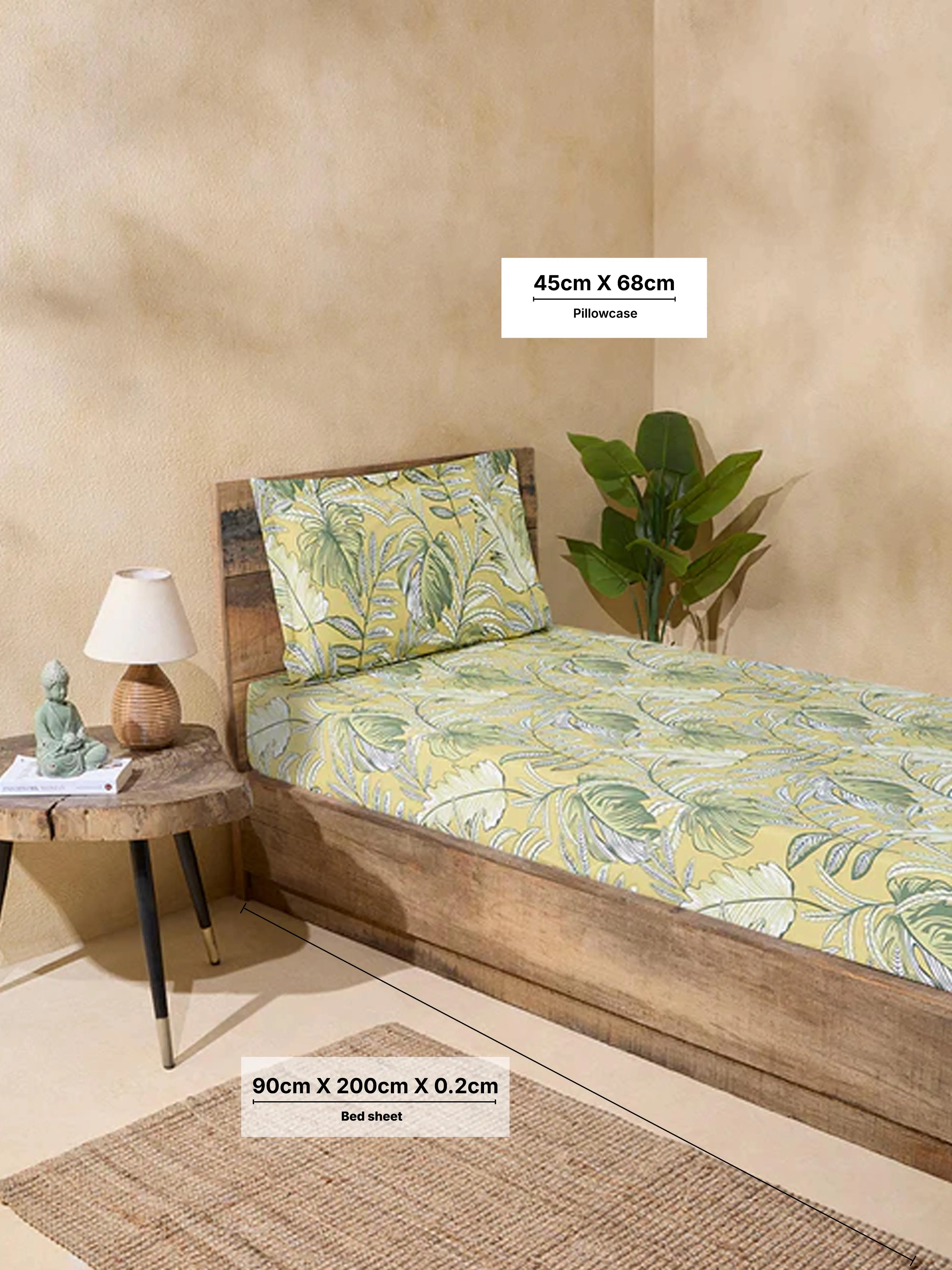 Westside Home Yellow Printed Single Bed Fitted Sheet and Pillowcase Set