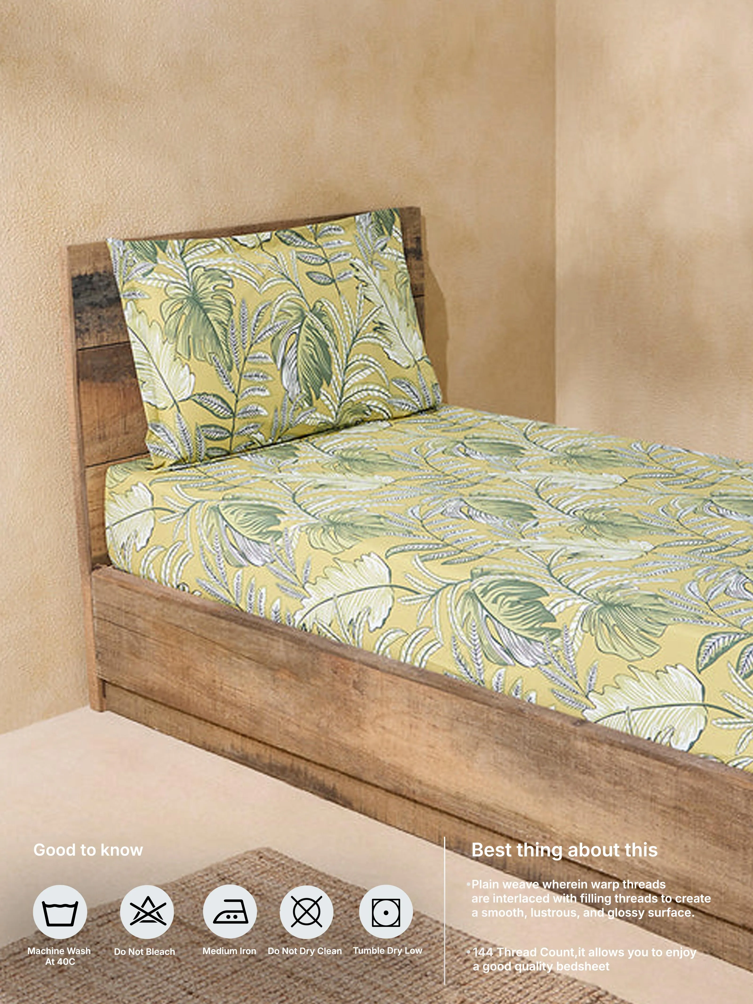 Westside Home Yellow Printed Single Bed Fitted Sheet and Pillowcase Set