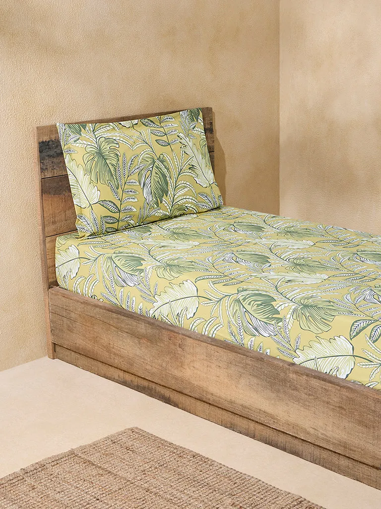 Westside Home Yellow Printed Single Bed Fitted Sheet and Pillowcase Set