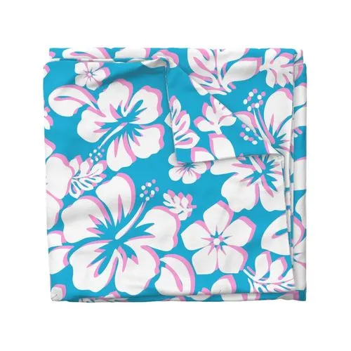 White and Soft Pink Hawaiian Hibiscus Flowers on Aqua Blue Duvet Cover -Medium Scale