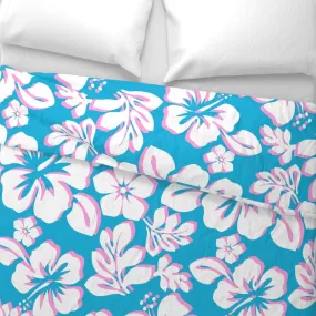 White and Soft Pink Hawaiian Hibiscus Flowers on Aqua Blue Duvet Cover -Medium Scale