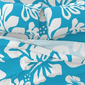 White Hawaiian Flowers on Aqua Ocean Blue Sheet Set from Surfer Bedding™️ Large Scale