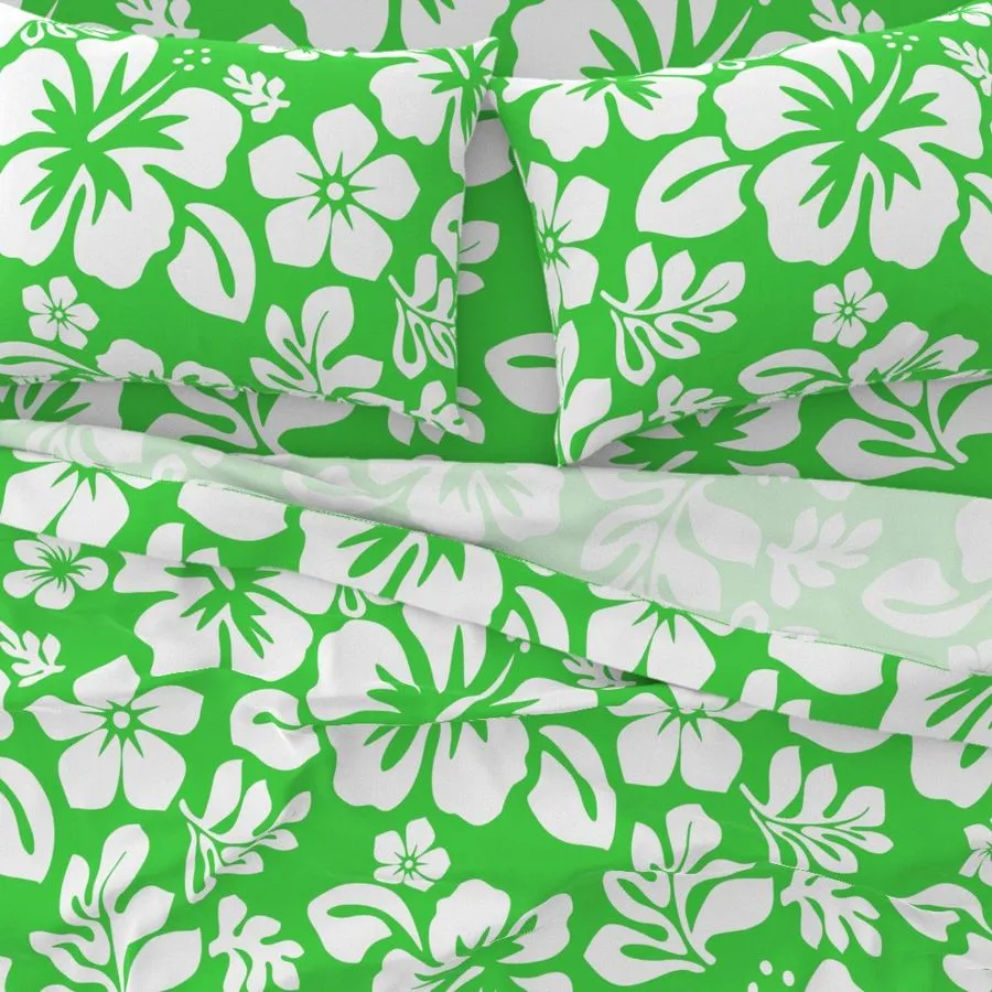 White Hawaiian Flowers on Bright Lime Green Sheet Set from Surfer Bedding™️ Medium Scale