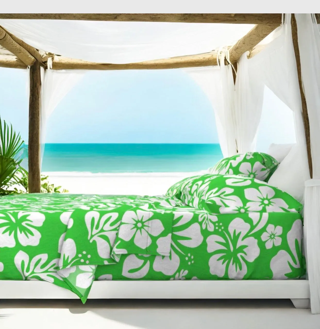 White Hawaiian Flowers on Bright Lime Green Sheet Set from Surfer Bedding™️ Medium Scale