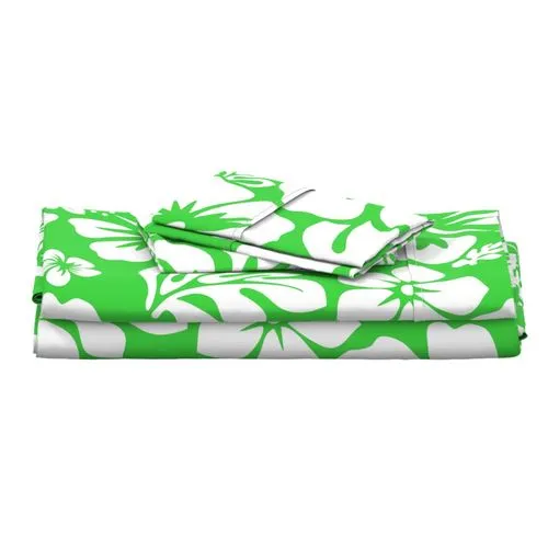 White Hawaiian Flowers on Bright Lime Green Sheet Set from Surfer Bedding™️ Medium Scale