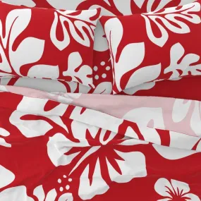 White Hawaiian Flowers on Surfer Red Sheet Set from Surfer Bedding™️ Large Scale