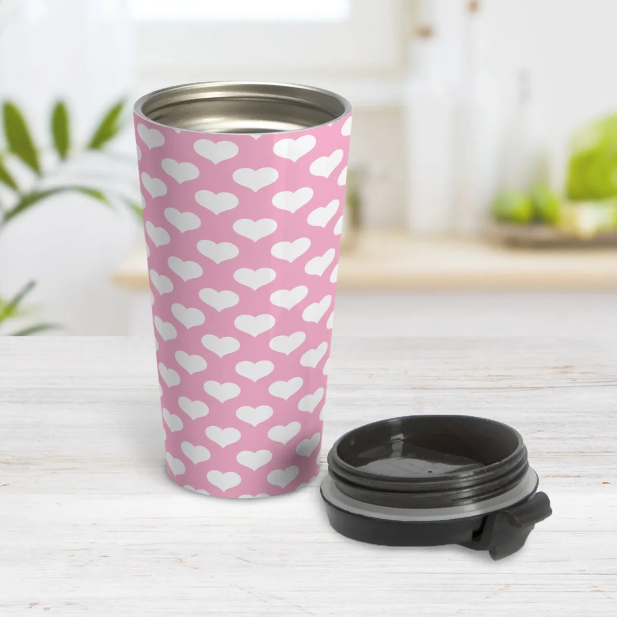 White Hearts Pattern Pink Travel Mug